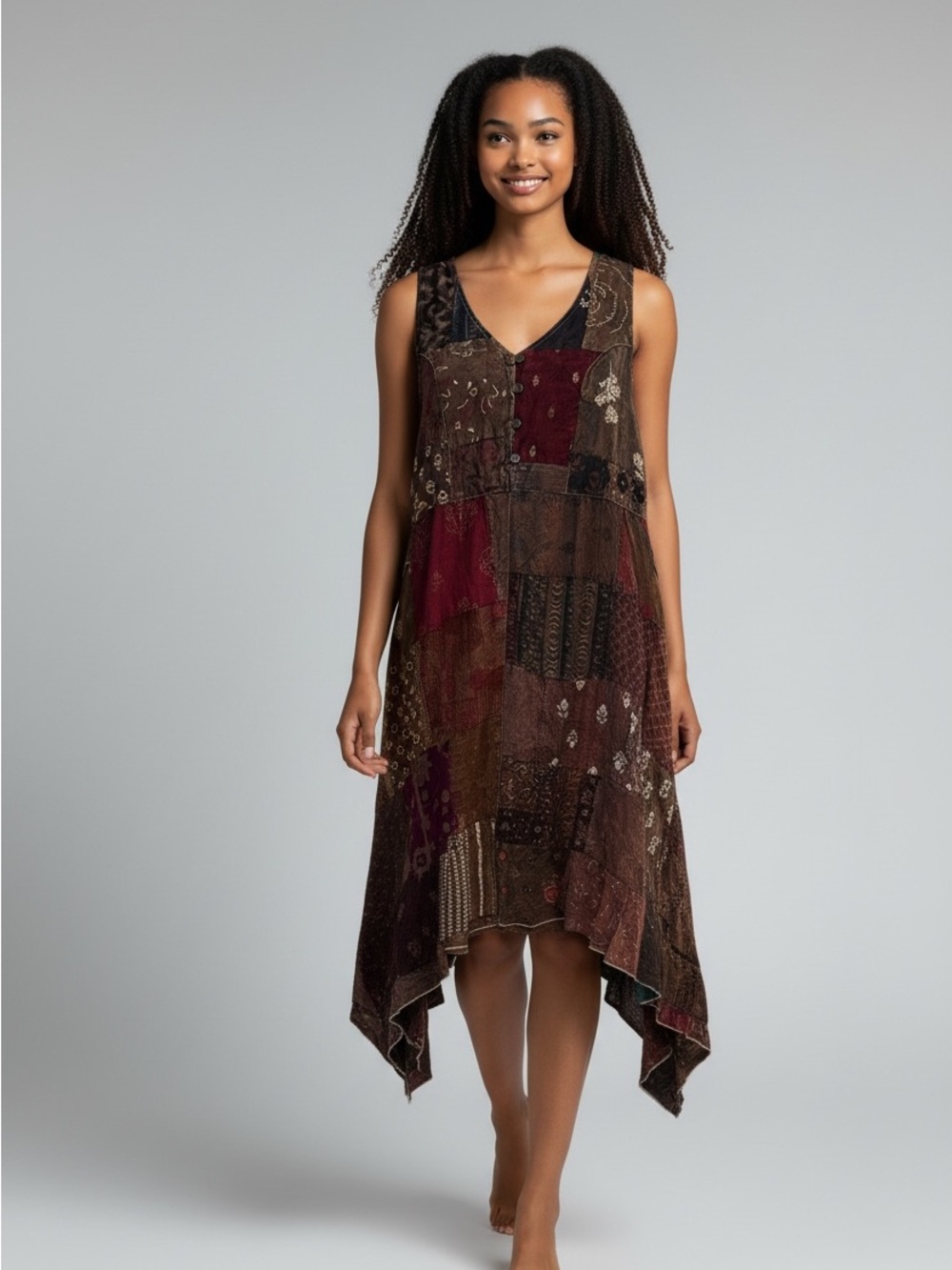 Jaded Gypsy Dress with Patchwork Shark-bite hem. 100% Viscose. NWT S/M 20” ptp